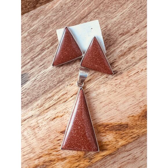 Vintage Sterling Silver Goldstone Pendant & Earrings Set Triangle Shape Boho - Picture 9 of 10